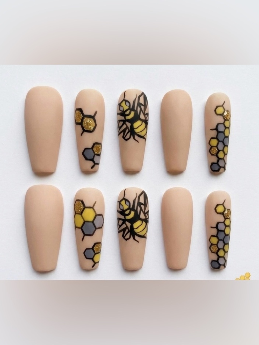 Bee Honeycomb Press-On Nails - Nude with Yellow & Black Accents